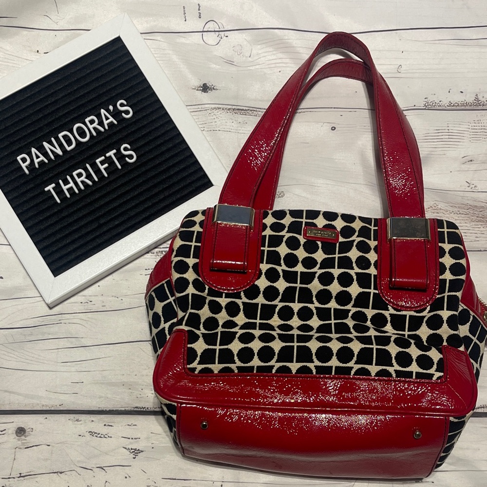 VINTAGE Kate Spade Red Patent leather Black/White Geometric Women's Bag Preowned